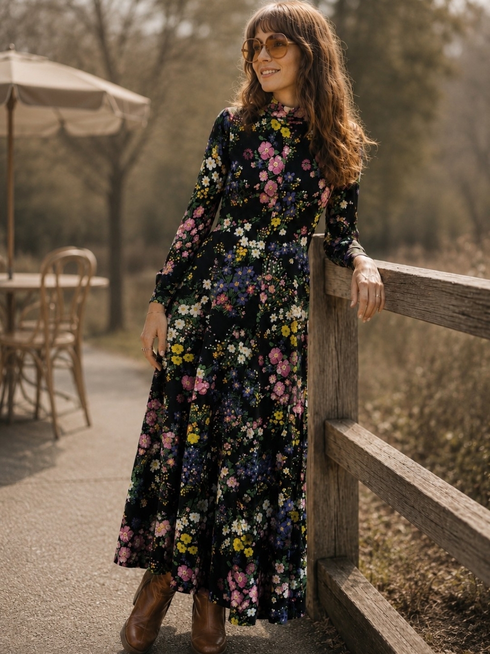 Vintage Black Floral Mulicolor Maxi Dress Size Small Boho Hippie Festival Retro